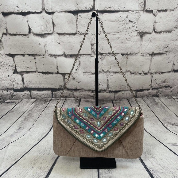 Chico's Jerri Clutch Embellished Embroidered Chain Bag Turquoise Tan‎ New - Picture 5 of 11